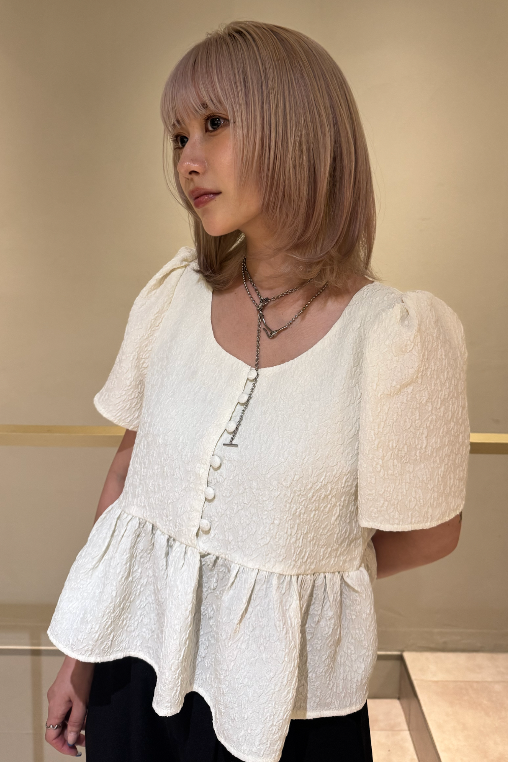 【Ivory】Flower jacquard Peplum Tops