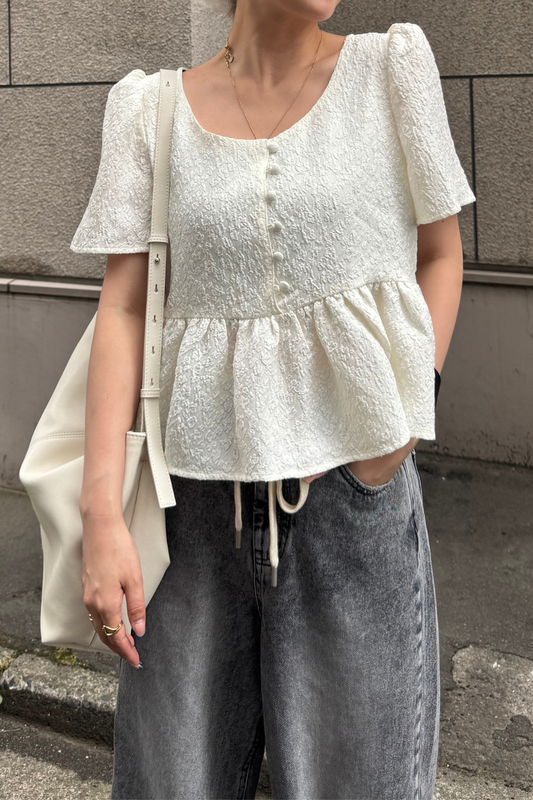 【Ivory】Flower jacquard Peplum Tops