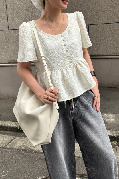Ivory】Flower jacquard Peplum Tops – AEDDY