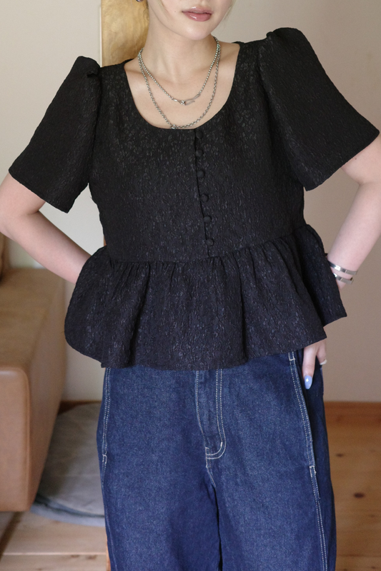 【Black】Flower Jacquard Peplum Top