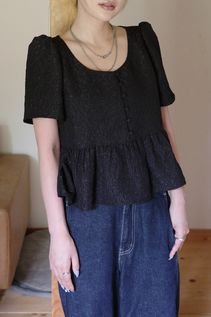 【Black】Flower Jacquard Peplum Top